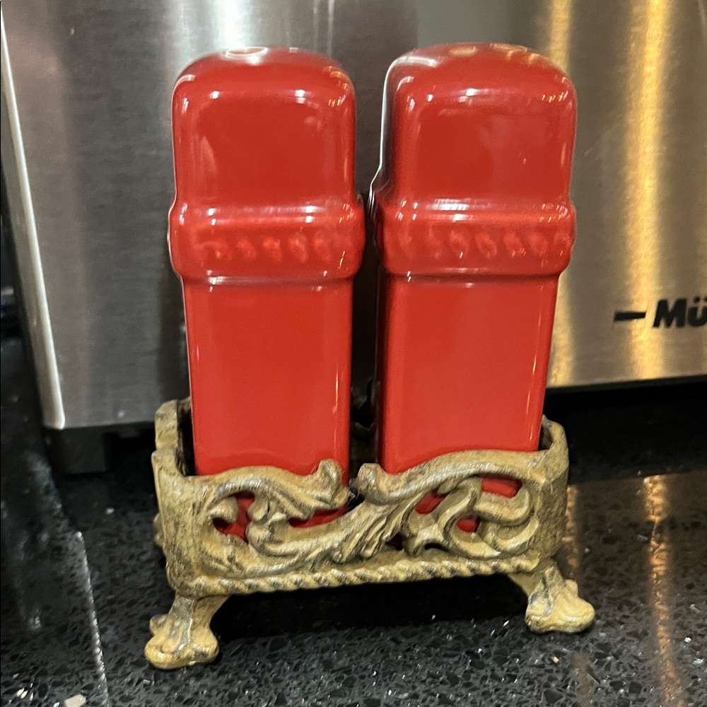 Burnt Orange Ceramic Salt and Pepper Shakers with Ornate Holder